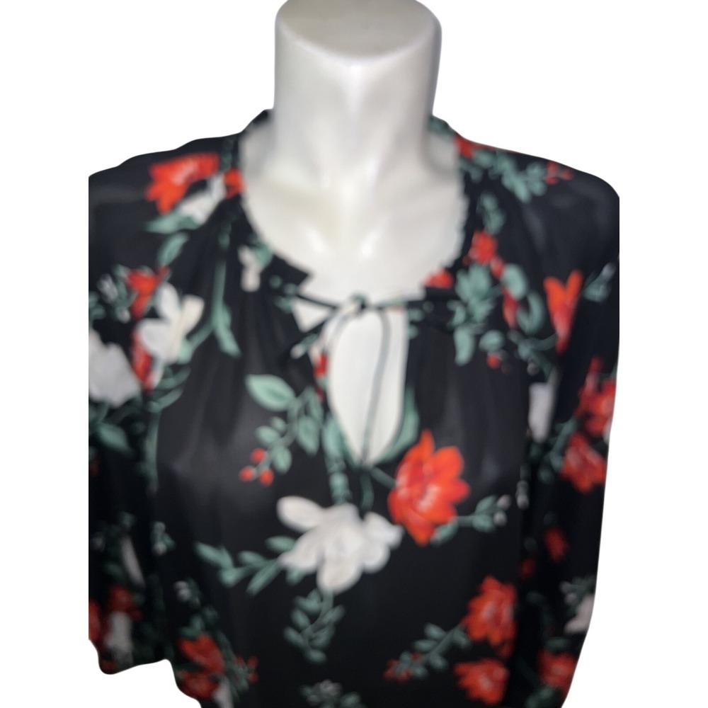 Old Navy Womens 2X Plus Black Floral Tie Neck Long Sleeve Peasant Blouse Top - Picture 2 of 9